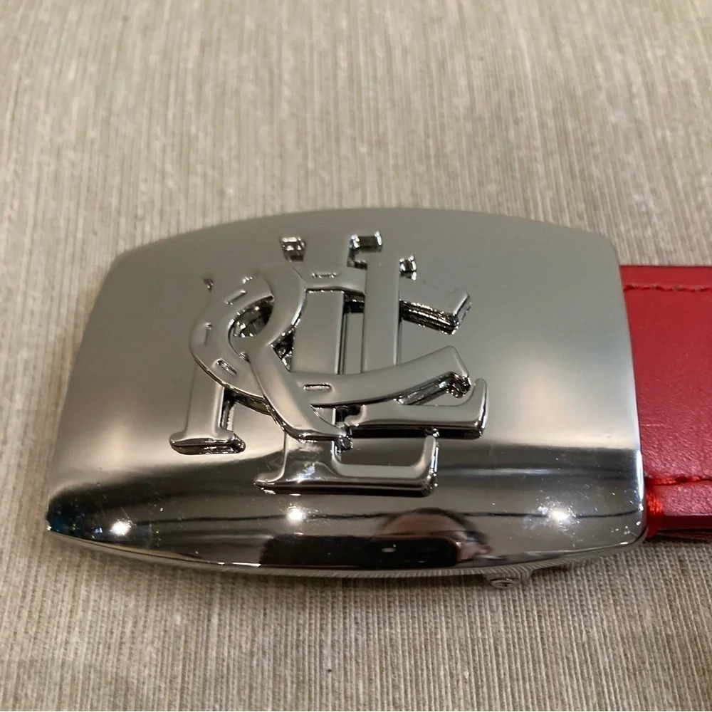 RALPH LAUREN LRL Red Leather Belt with Silver Buckle Embossed Logo